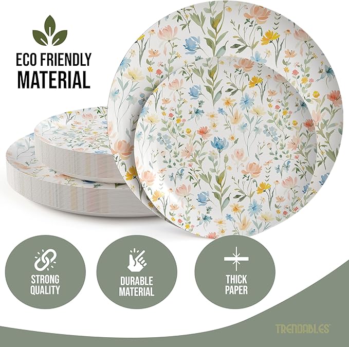 Trendables Heavy Duty Paper Plates Set For 32 Guests - 32 Each Of 8-inch And 10-inch Disposable Plates For Party - Fancy 64 Piece Dinnerware Set For All Occasions | Floral Design, Petite Fleur