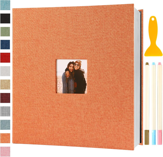 Photo Album Self Adhesive Pages Scrapbook Magnetic Photo Albums for 4x6 5x7 8x10 Pictures Sticky Pages Books for Baby Family Wedding 13.2x12.8 Orange 120 Pages