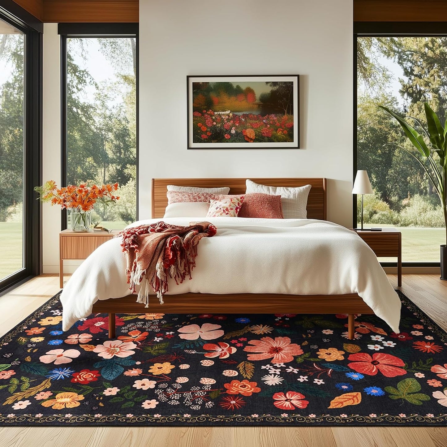 6x9 Living Room Rug Machine Washable Soft Faux Fur Low Pile Vintage Floral Modern Carpet Rugs Boho Non Slip Sound Absorbing Big Area Rugs for Bedroom Office Patio Dining Room Nursery Kids Room,Black