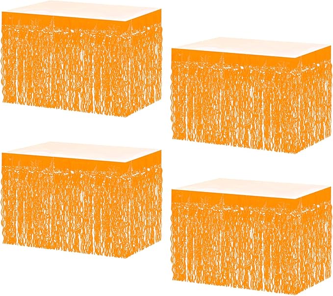 4P Wavy Metallic Tinsel Foil Fringe Table Skirts for Rectangle Tables Backdrop Garland Curtains for Parade Floats Wedding Birthday Parties Decoration Graduation 2025 Christmas (Makaron Orange)