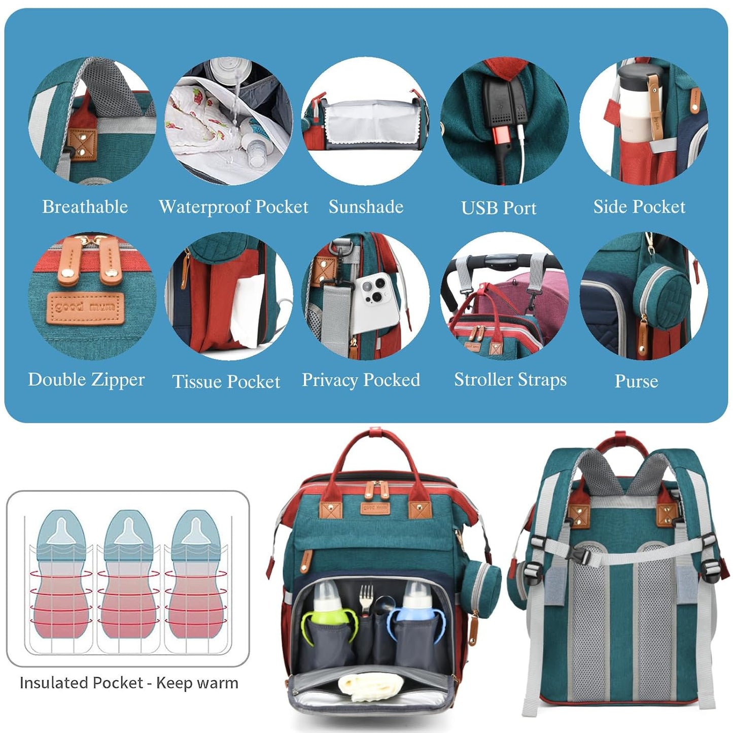 Jeryswet Baby Diaper Bags with Changing Station, Waterproof Large Capacity Diaper Bag Backpack for Moms Dads with USB Charging Port and Stroller Straps, Baby Shower Gifts, RGB