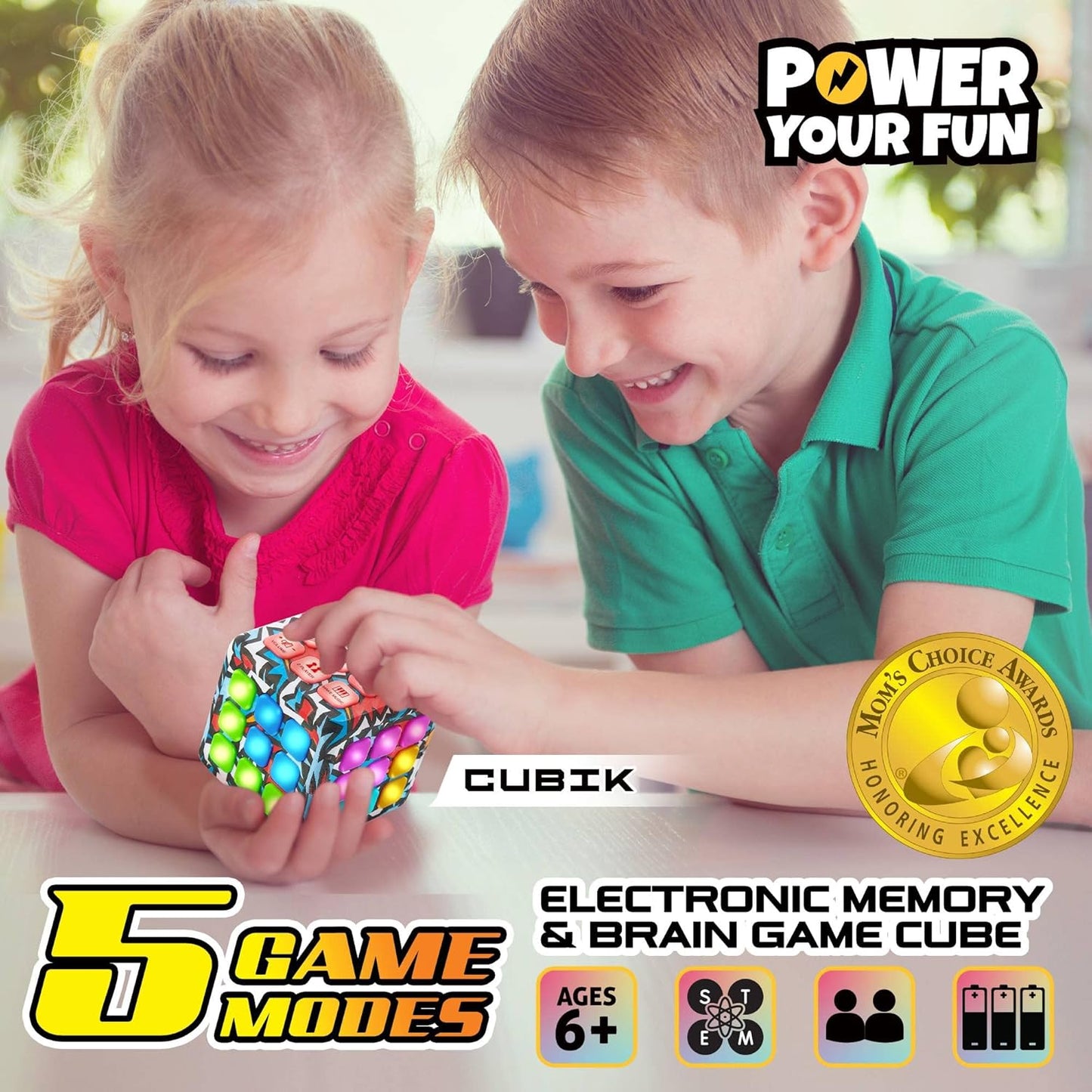 Power Your Fun Cubik LED Flashing Cube Memory Game - Electronic Handheld Game, 5 Brain Memory Games for Kids, STEM Sensory Toys Brain Play Puzzle Fidget Light Up Cube Stress Relief Fidget Toy (Action)