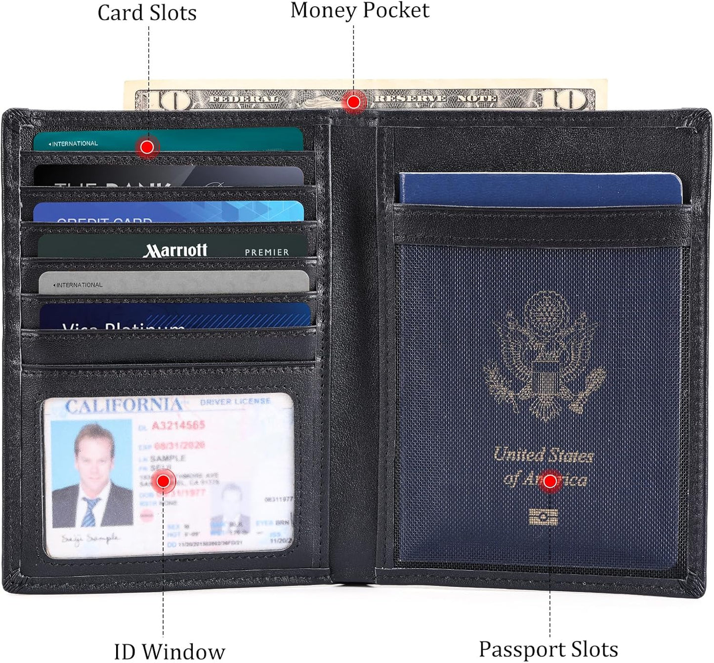 Polare Luxury RFID Blocking Leather Passport Holder Travel Wallet For Men and Women (Black with AirTag Slot)