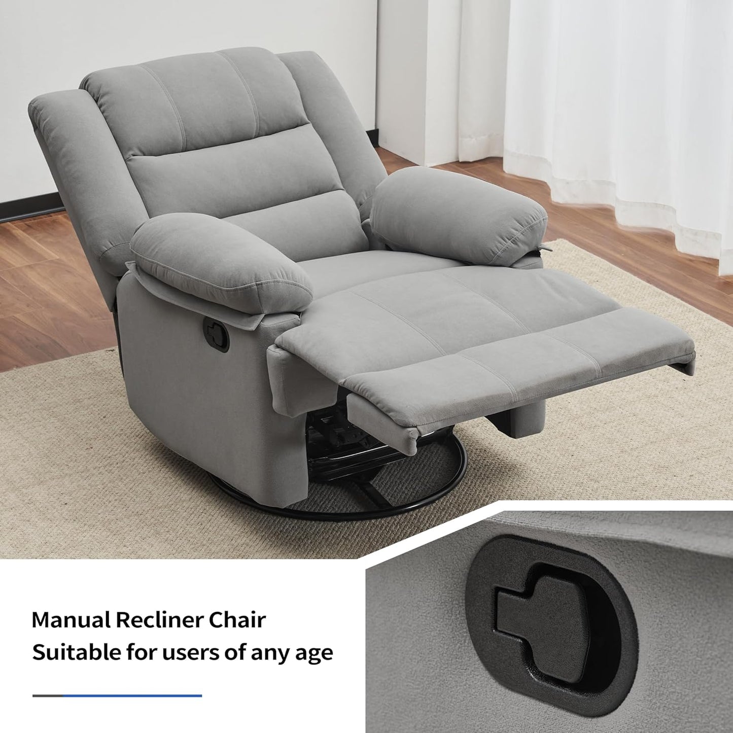 Swivel Rocking Recliner Chair for Adults, Overstuffed Manual Glider Rocker Recliner Chairs, Upholstered Reclining Single Sofa for Living Room Nursery (Light Grey)