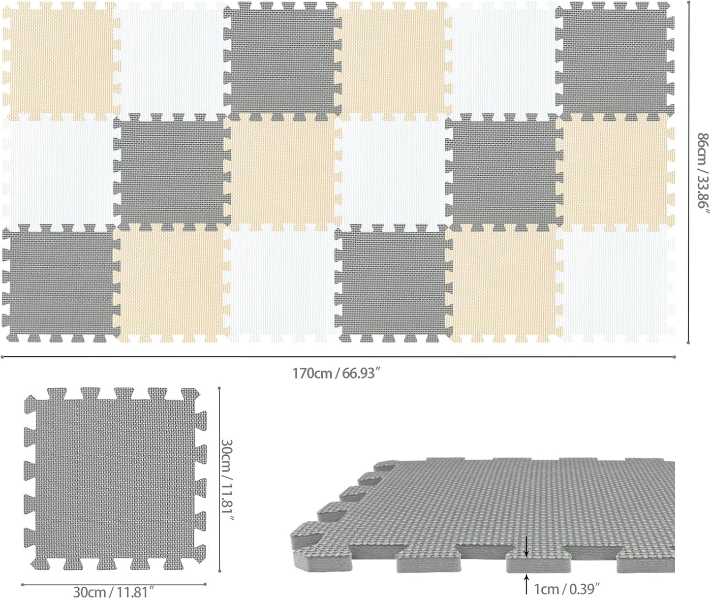 qqpp EVA Rubber 18 Tiles Interlocking Puzzle Foam Floor Mats - Baby Play Mat for Playing | Exercise Mat for Home Workout. White, Beige, Gray. QC-AJLb18N
