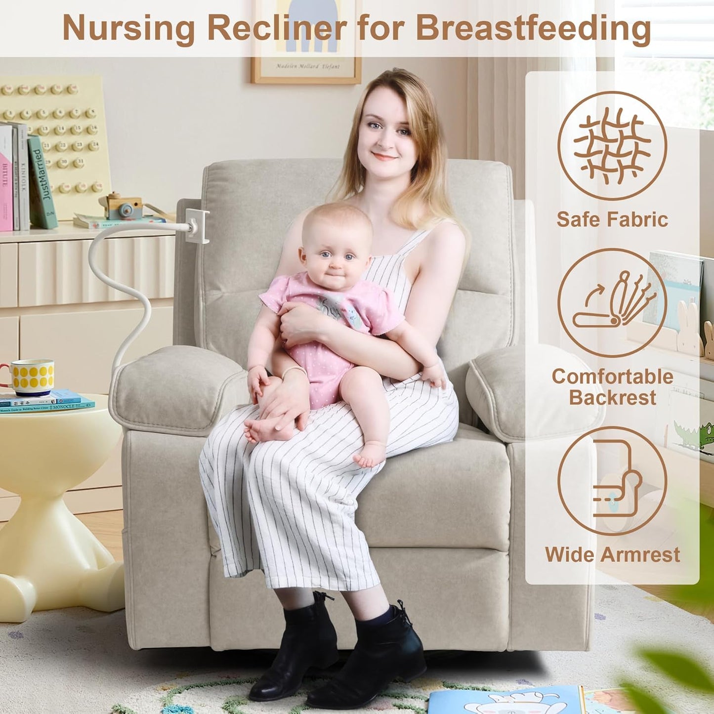 Rocking Chair Nursery Swivel Rocker Recliner with Phone Holder,Nursing Chair for Breastfeeding with Foot Rest,Beige