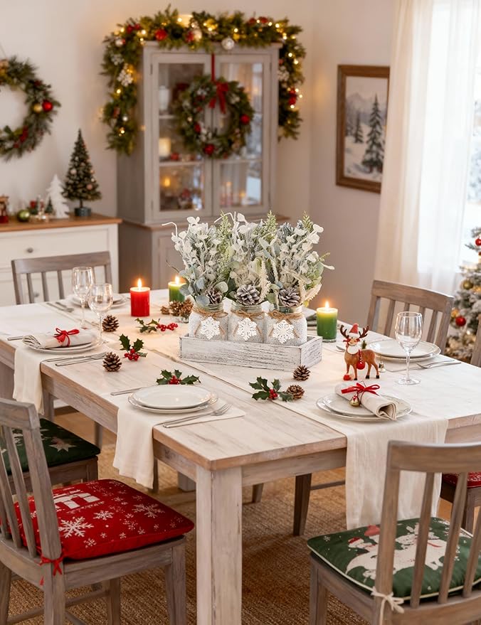 Winter Centerpieces for Tables, Table Decor with Mason Jar, Flowers Picks, Farmhouse Wood Tray, Snowflake Sign, Christmas Winter White Wonderland Table Decorations Centerpieces Indoor for Home