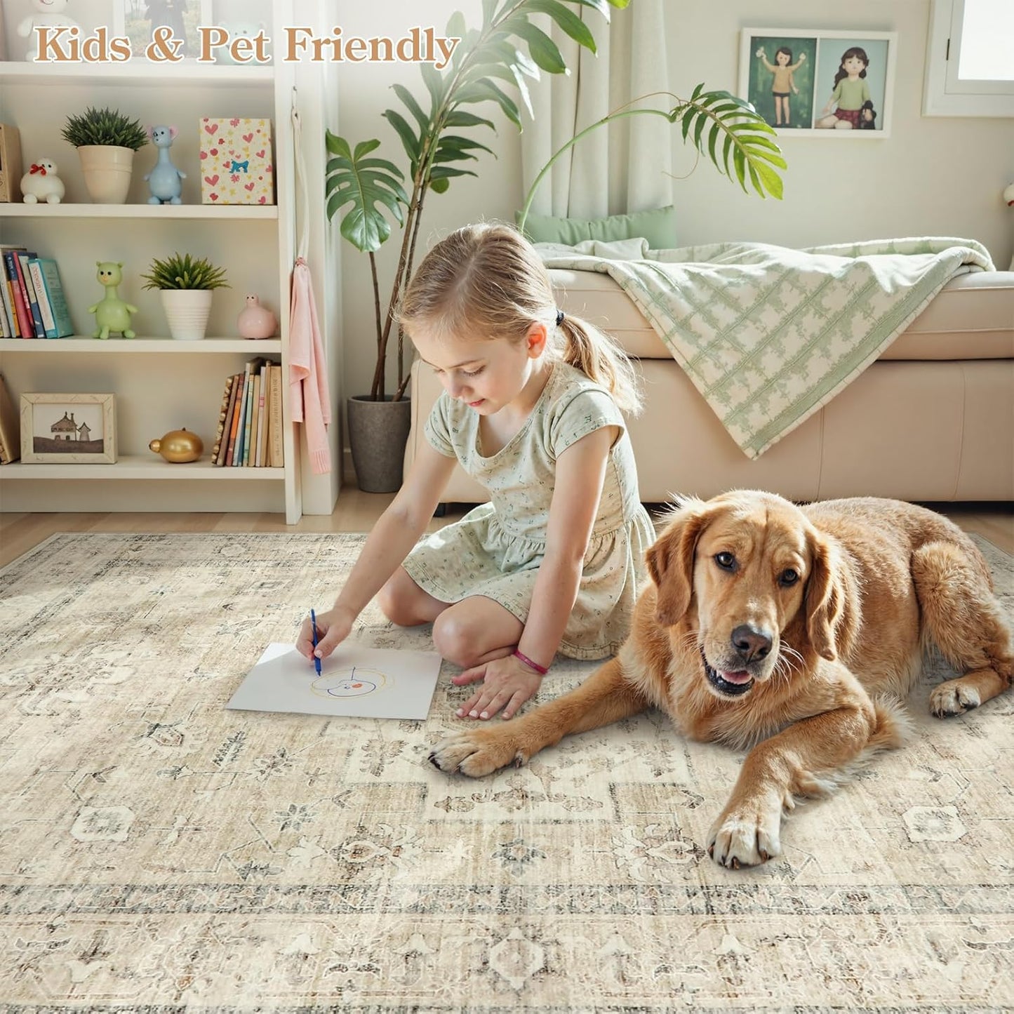 LIVEBOX Washable Area Rug 10x14 Rugs for Living Room Bedroom, Non-Slip Boho Neutral Carpet for Dining Room Office, Low-Pile Farmhouse Soft Carpets for Kids Nursery Room Playroom, Tan
