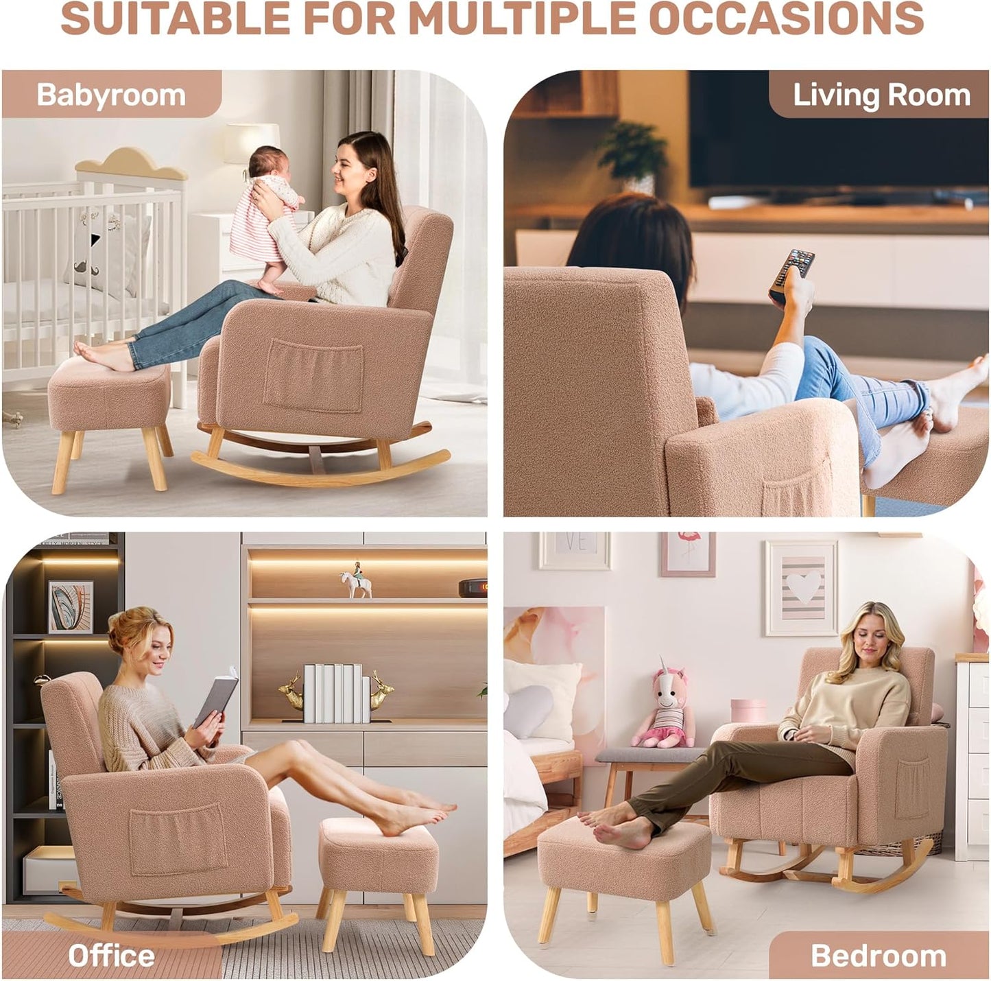 Rocking Chair with Ottoman, Upholstered Glider Rocker with High Backrest and Side Pocket, Comfy Reading Chair with Solid Wood Legs for Nursery, Living Room,Bedroom Coffee