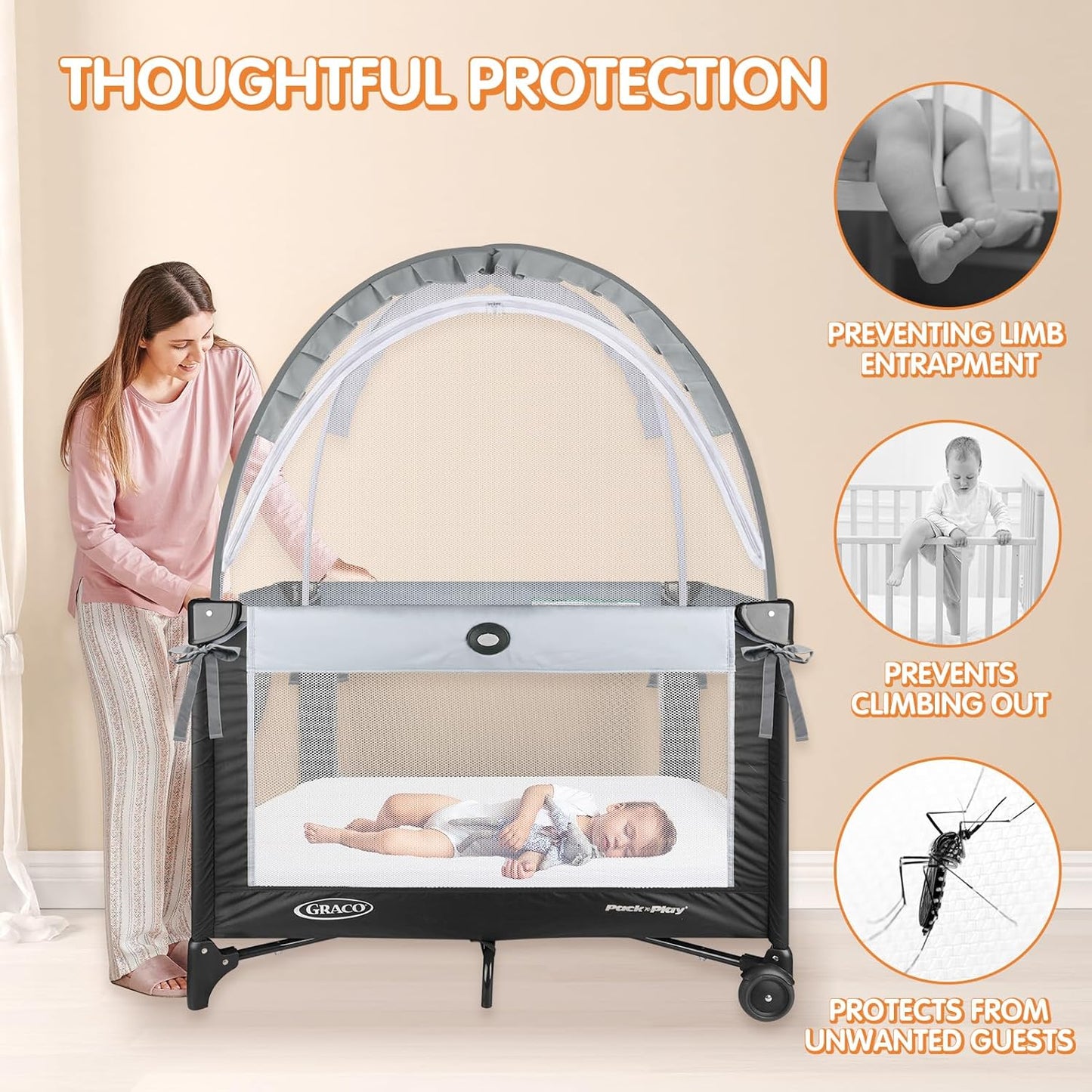 Pack N Play Tent - Mini Crib Tent to Keep Baby from Climbing Out - Crib Net to Keep Baby in - Pop Up Breathable Cribs Cover - Canopy with Upgrade Strong Mesh and Durable Zipper (Gray, Small)