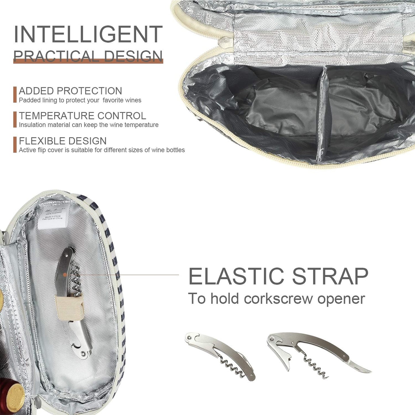 ZORMY 2 Bottle Wine Tote Carrier, Dark Blue, 750 mL Capacity, Polyester Material, With Shoulder Strap and Corkscrew