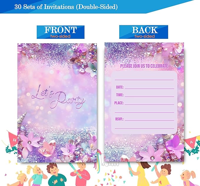 Pink Birthday Invitations for Girls, Modern Sparkle Birthday Party Invitaions for Party Invites, 4x6 Inches, 30 Sets with Envelopes