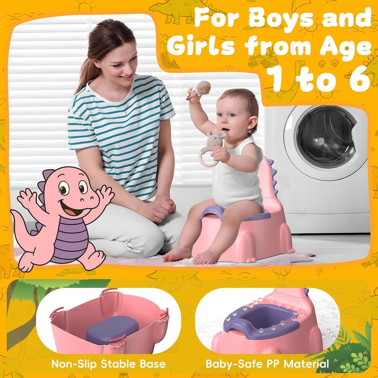 Potty Training Toilet Toddler Potty Chair Kids Boys Girls Dinosaur Animal Comfortable Potties Training Seat for Childrens Ages 1-3 Portable Baby Toilets with Lid Back Easy to Clean Potty Trainer, Pink