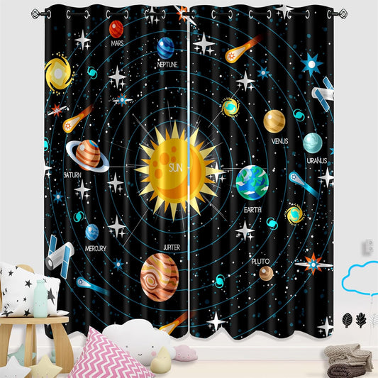 Outer Space Curtains for Boys - 2Pcs Solar System Print Curtain Panels for Boys Bedroom Planets Galaxy 95% Blackout Grommet Top Window Drapes for Living Room, 82" x 84"