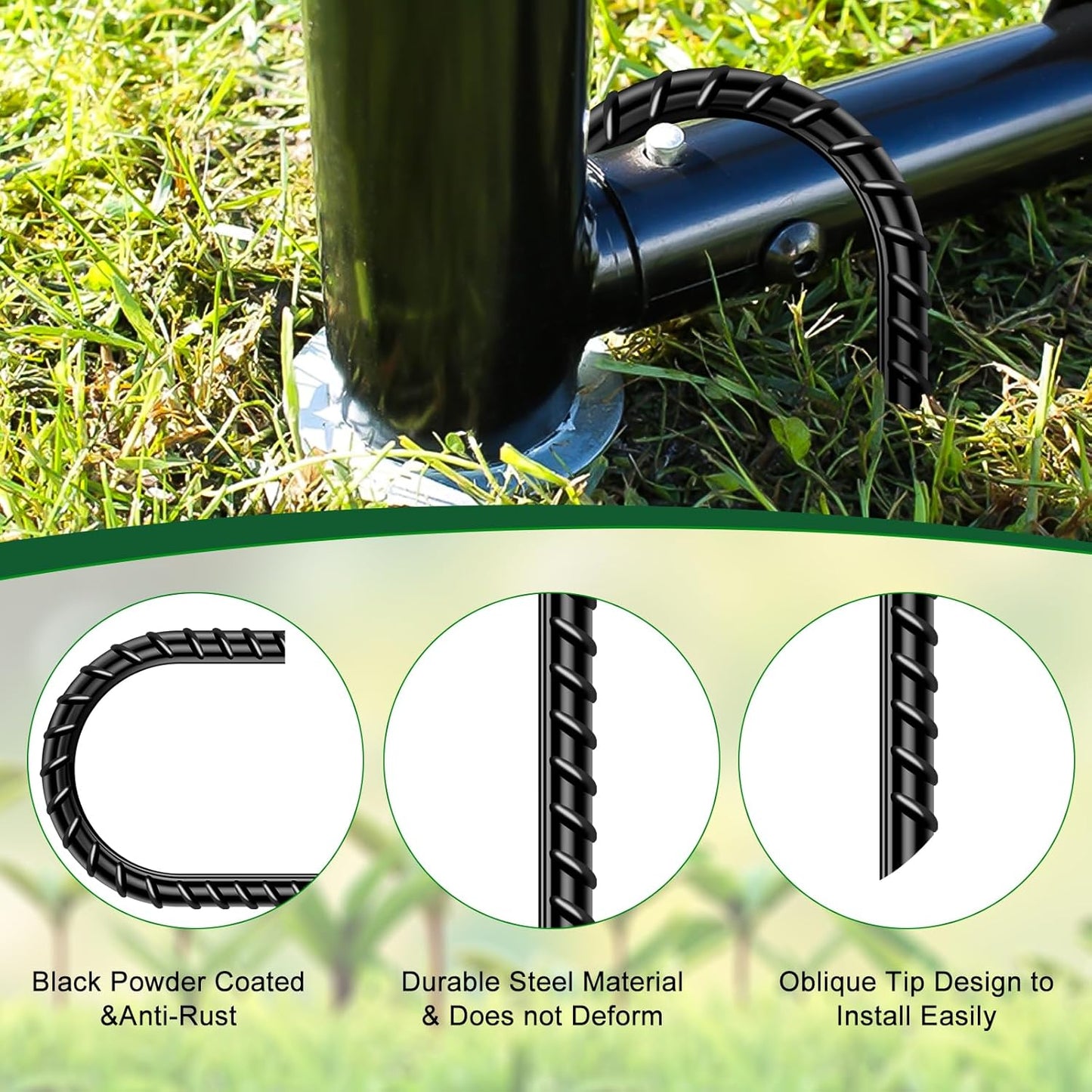 FEED GARDEN 12 Inch 8 Pack Rebar Stakes Heavy Duty J Hook, Galvanized Ground Stakes Tent Stakes Steel Ground Anchors, Chain Link Fence Stakes, Trampoline Stakes, Black