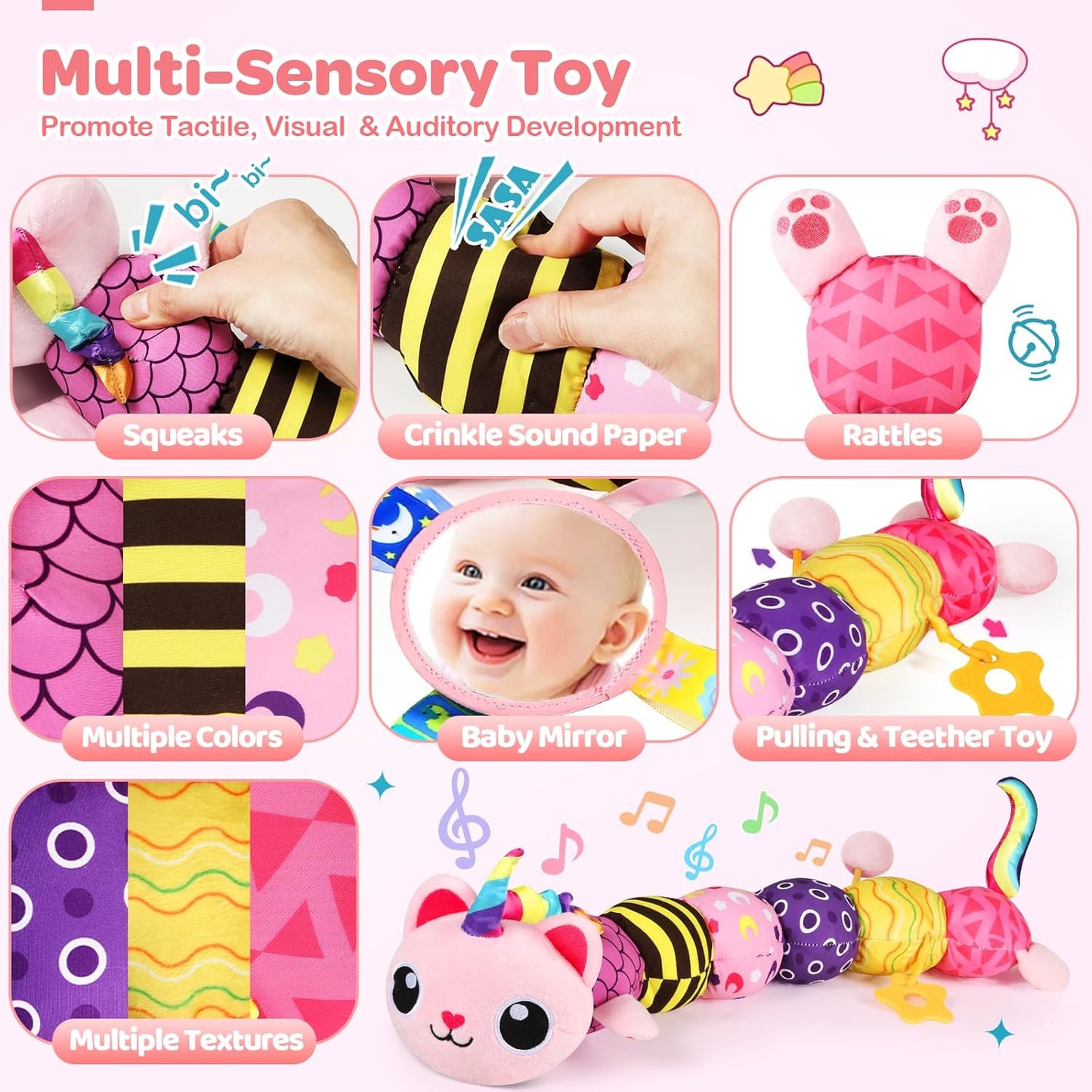 Baby Sensory Toys 0-6 6-12 Months, Musical Animal Stuffed Plush Unicorn Cat Toy for Infant 0-3-6 Months & Up, Tummy Time with Mirror Crinkle Rattle, Christmas Baby Shower Gifts for Newborn Boys Girls