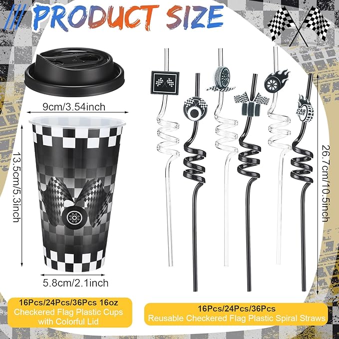 Yungyan 36 Sets Checkered Flag Party Favors Goodie Cups with Lids and Straws for Birthday Decorations Reusable 16oz Plastic Candy Cups Plastic Straws for Birthday Party (Checkered Flag)