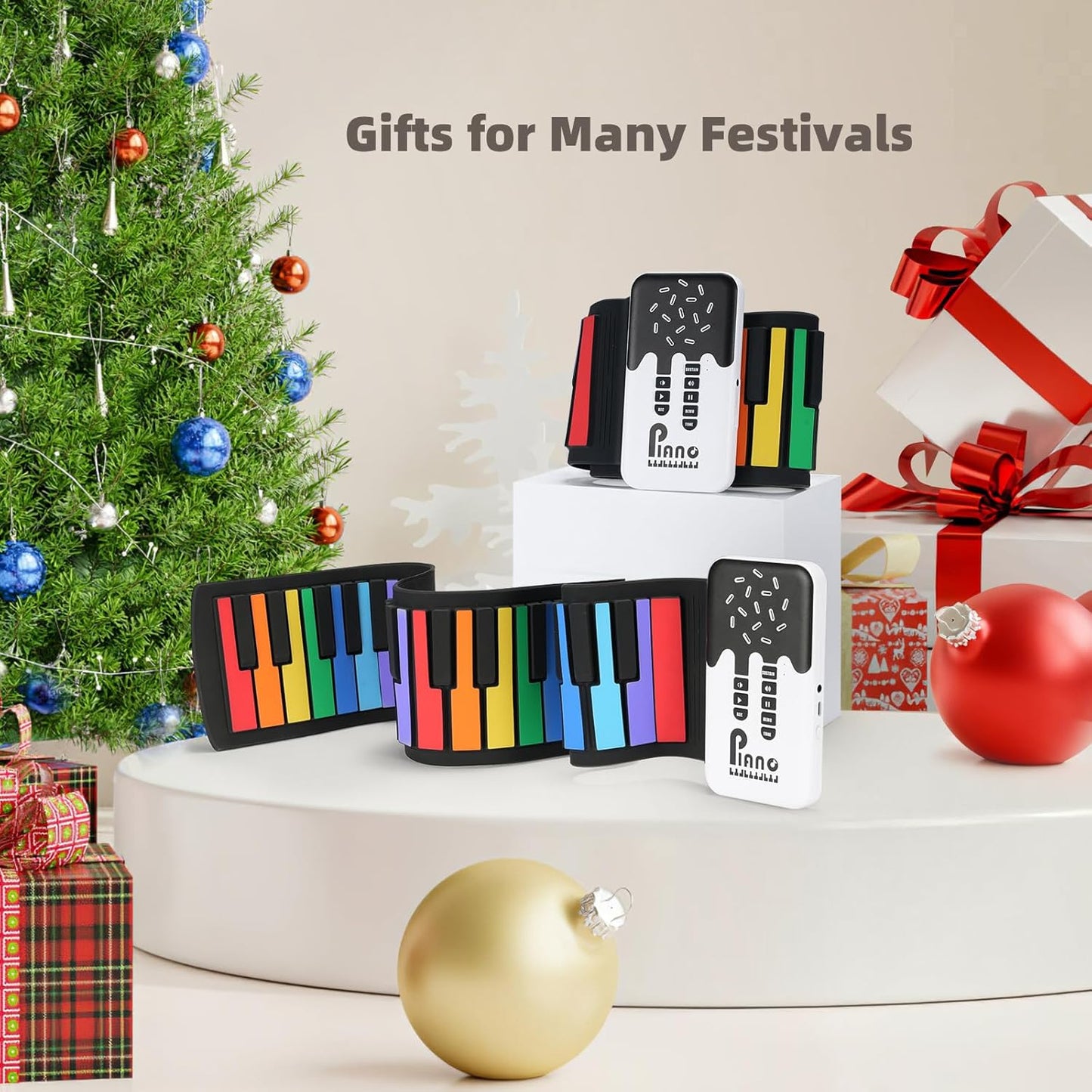 49 Key Roll Up Keyboard Piano, Portable Digital Electric Foldable Piano Keyboard, Rechargeable, 8 Tones, 6 Educational Demo Songs, for Beginners Gift (Rainbow)