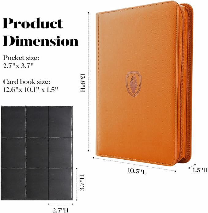 Premium Zip Card Binder - 9 Pocket Trading Binder, PU Cover Zipper Collection Album, Sturdy 360 Side-Loading Folder Holder for MTG, TCG, Game Cards, Sports Cards - Orange