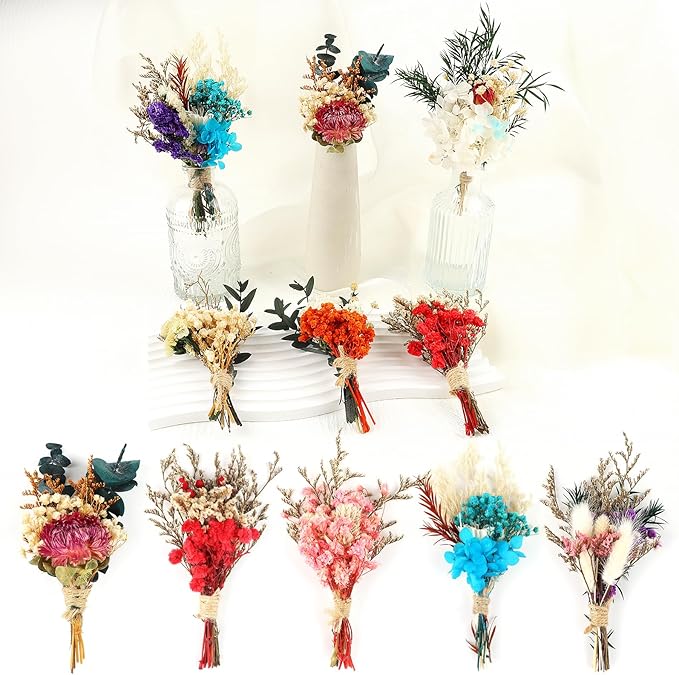 10Pcs Mini Dried Flower Bouquet Colourful Natural Boho Dried Flowers Set Mini Natural Real Plants for Wedding Table Centerpieces Gift Box Cake Bottle Decor Home Vase Decorations DIY Craft