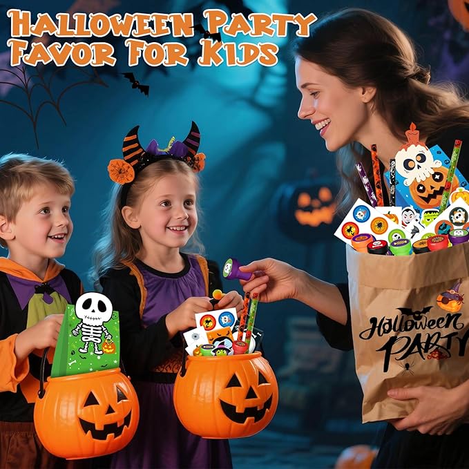 Halloween Party Favors for Kids,192pcs Halloween Stationery gift kit,Halloween Miniatures Prizes,Trick or Treat Goodie Bag Fillers including Notepad, Stamper, Sticker, Pencil, Eraser, Tattoo sticker