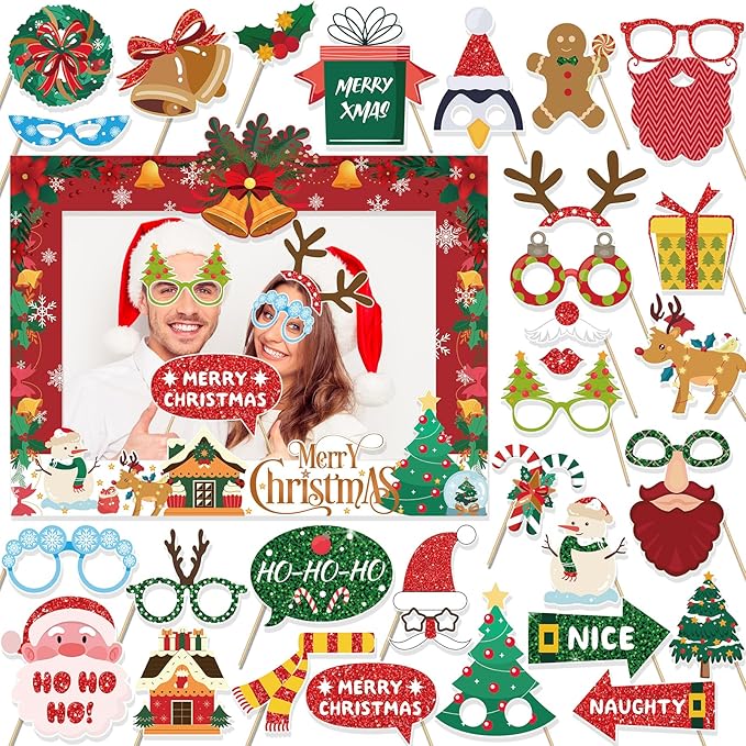 HOWAF 30 Pcs Christmas Photo Booth Props - Merry Christmas Paper Photo Frame, Funny Santa & Gingerbread Photo Props for Xmas Holiday Party Decoration, Selfie Frame Props