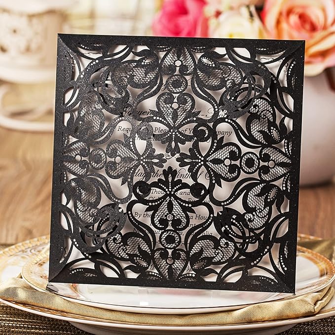 Hosmsua 6.3 x 6.3 Inch 50PCS Black Laser Cut Hollow Lace Rose Invitation Cards with Envelopes Wedding Invitations for Engagement Wedding Invite (Black, 50PCS Blank)