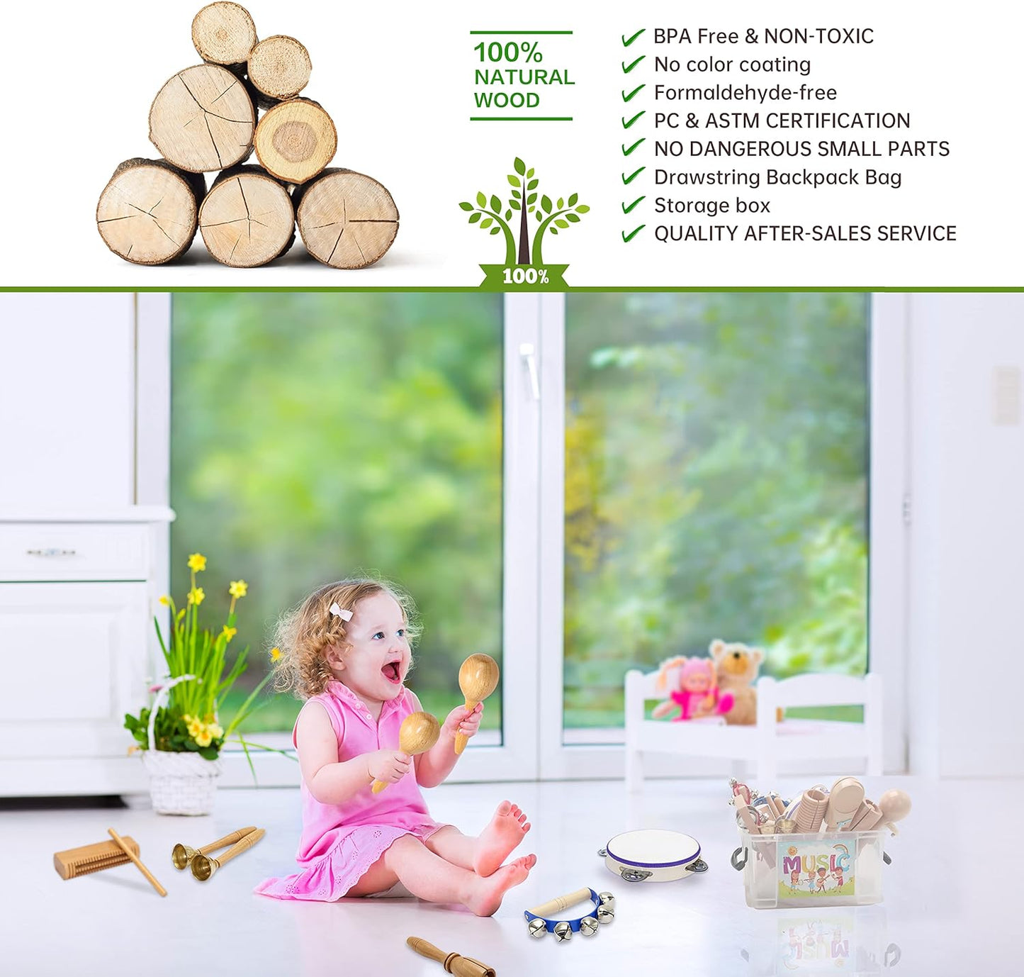 Musical Instruments , Natural Eco-Friendly Wooden Percussion Set Gift with Storage Box and Drawstring Backpack Bag-Improving Creativity and Coordination for Toddlers, Kids.