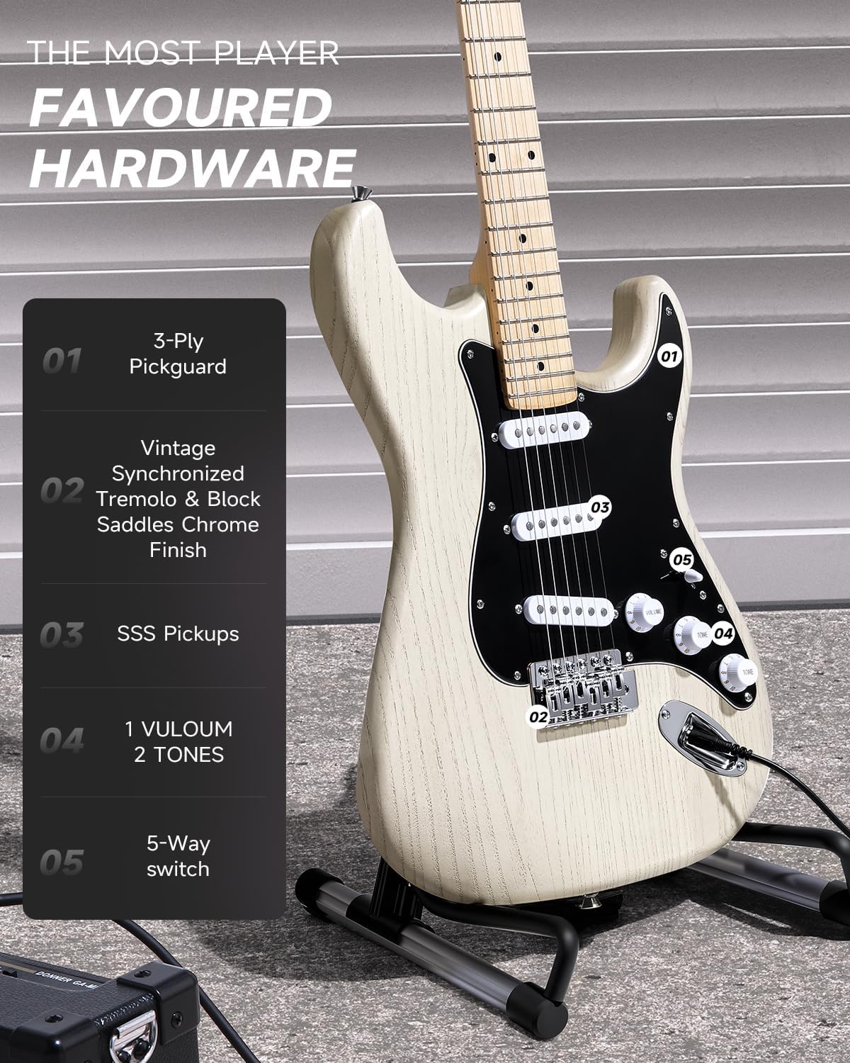 DONNER DST-80 Electric Guitar 39” Beginner Electric Guitar Kit with Amp, Classic SSS Pickup Complete with Gig Bag, Tuner, Capo, Strap, Picks, and Free Online Lessons, Bone White