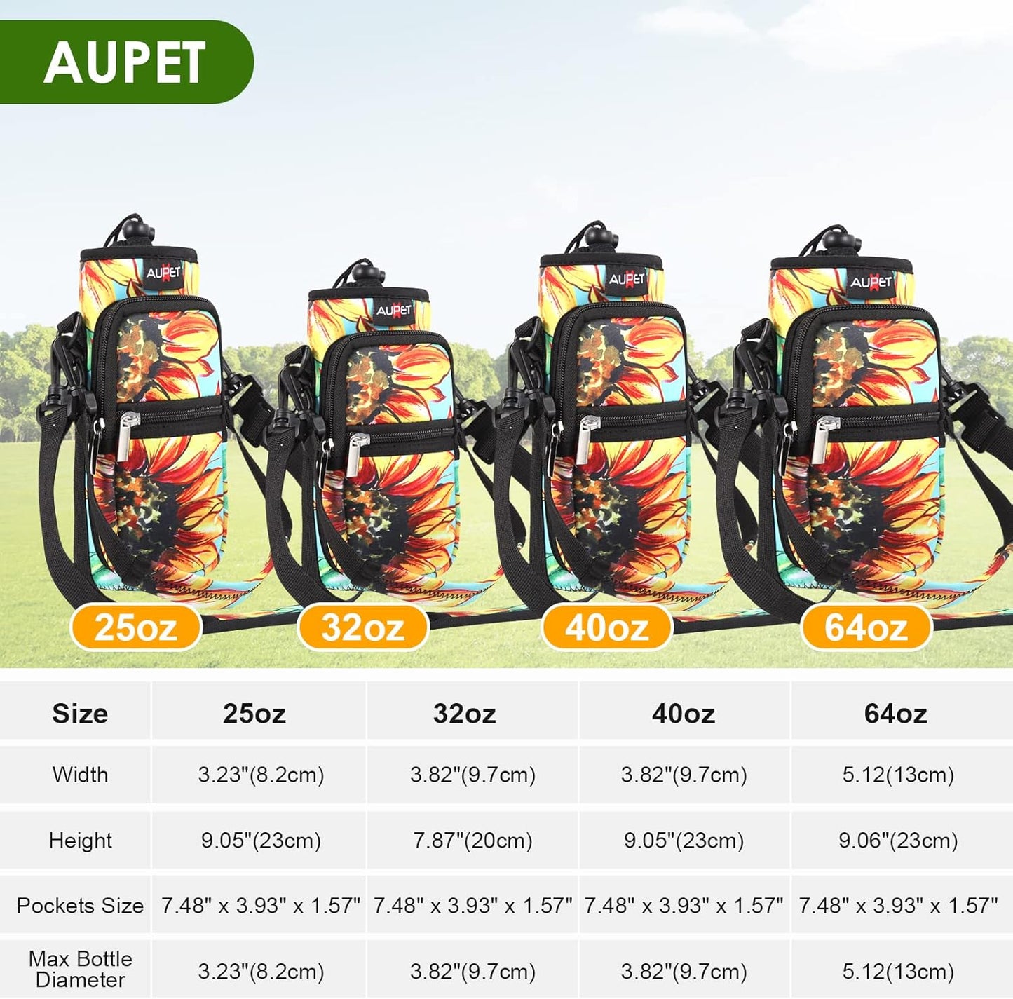 AUPET Water Bottle Sling Bag Sleeve Holder Carrier 25/32/40/64 oz,Insulated Crossbody Water Bottle Case Cover with Strap and Pockets for Men/Women Walking Hiking