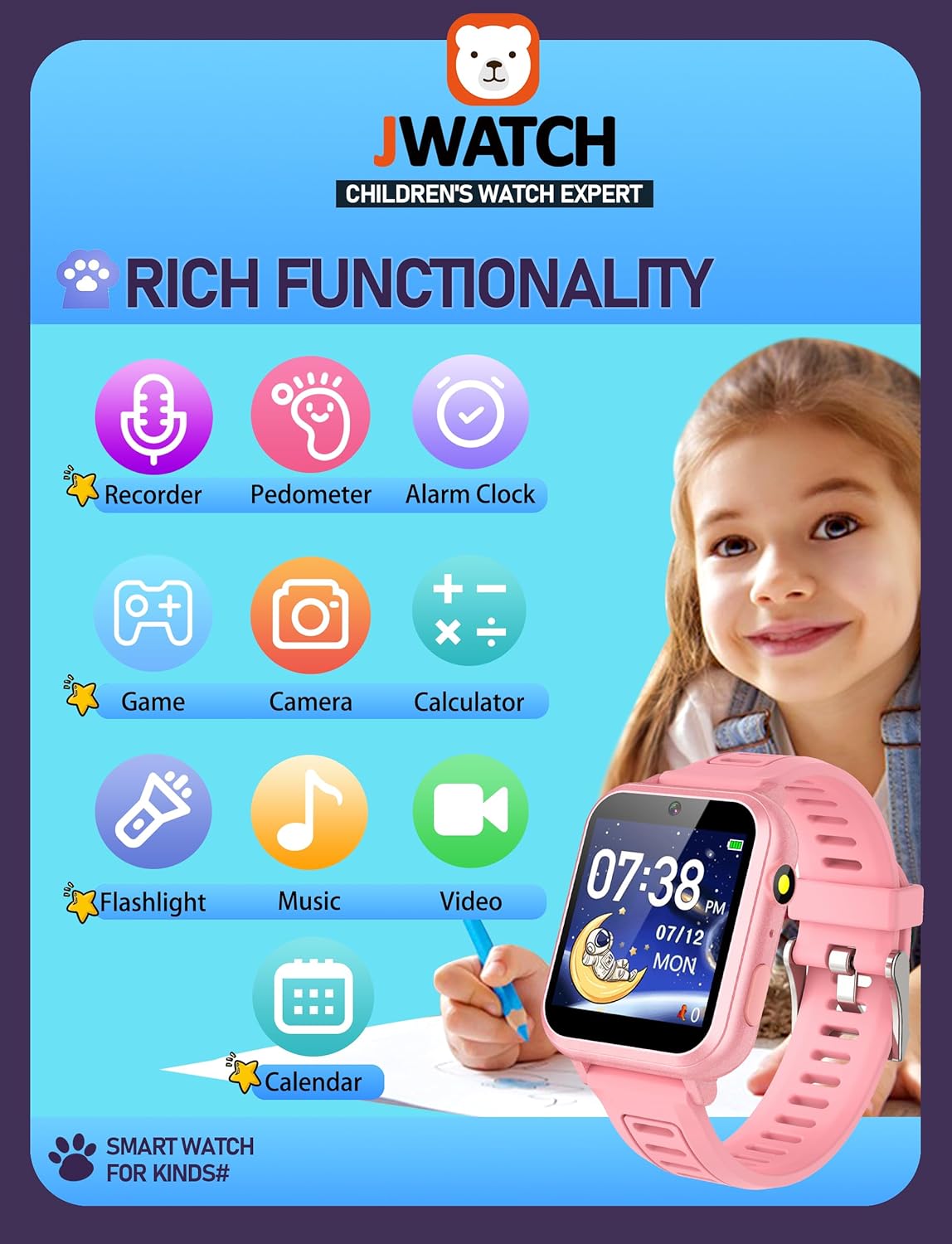 Kids Smart Watch for Boys Girls 6-12 with Pedometer Audio Book Camera Music Player Birthday Present Christmas (Pink