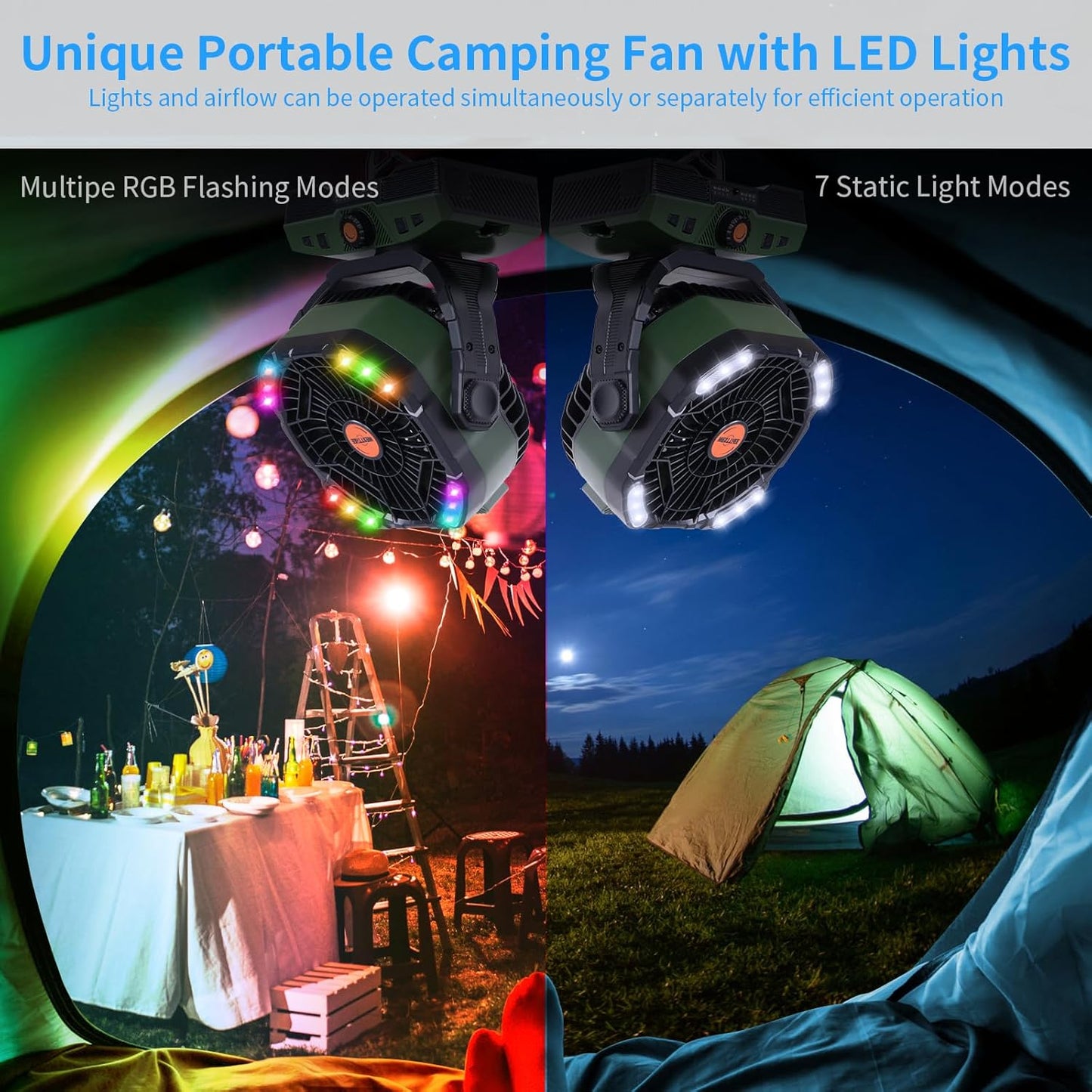 Camping Fan 20000mAh Rechargeable Battery Operated fan Outdoor Tent Fan with Light & Hook, knob Speeds, Personal USB Desk Fan for Camping, Power Outage Jobsite Green X68