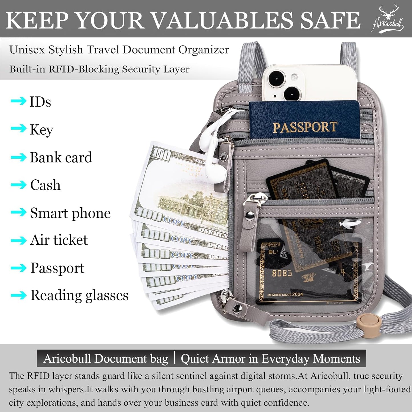 Neck Wallet - Rfid Wallet Women - passport holder for travel - Travel Wallet Passport Holder For Travel Women - 10.3x6.8inch (Light Gray)