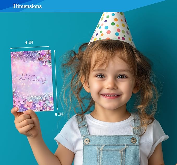 Pink Birthday Invitations for Girls, Modern Sparkle Birthday Party Invitaions for Party Invites, 4x6 Inches, 30 Sets with Envelopes