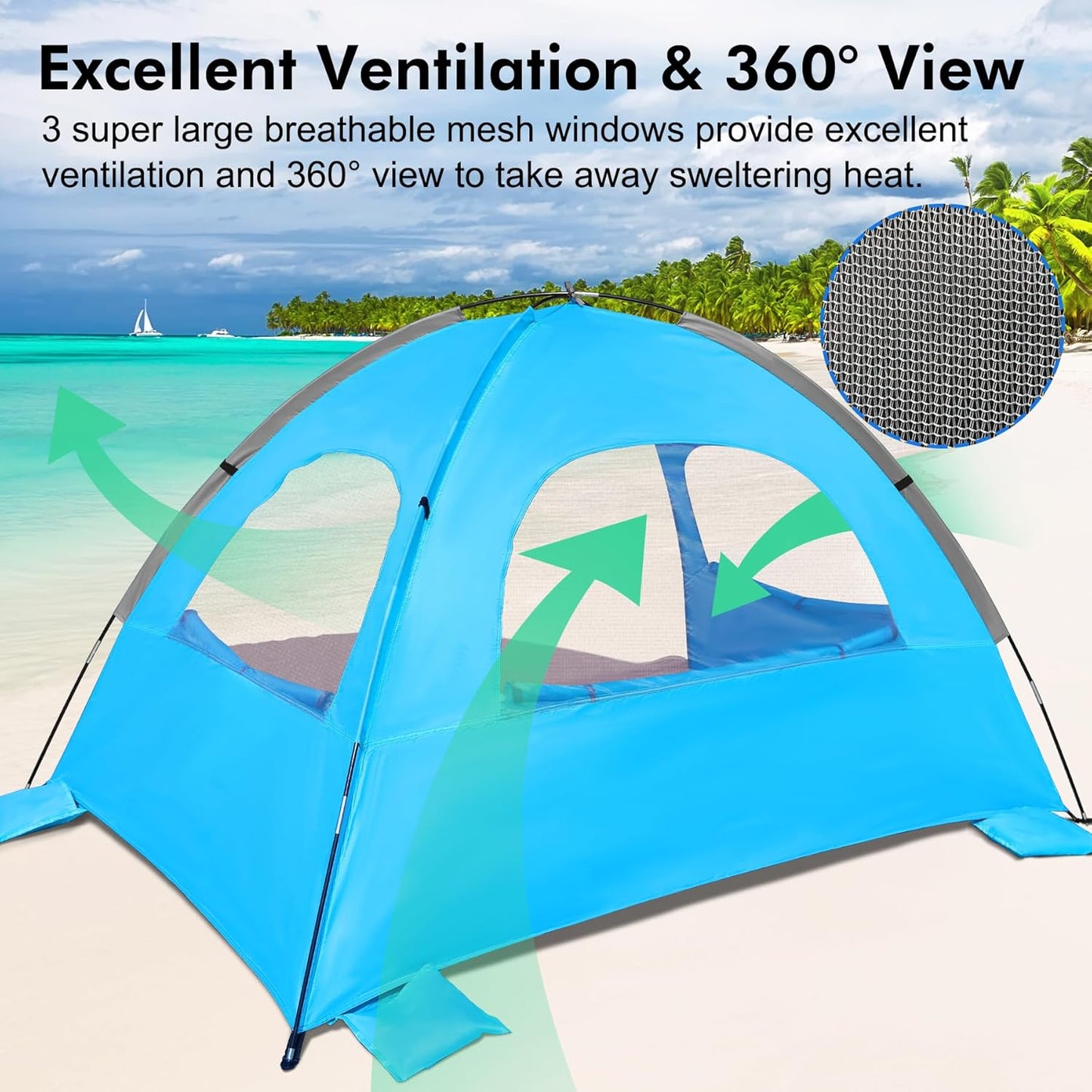 WhiteFang Beach Tent Anti-UV Portable Sun Shade Shelter for 3/4/6/8 Person, Extendable Floor with 3 Ventilating Mesh Windows Plus Carrying Bag, Stakes and Guy Lines