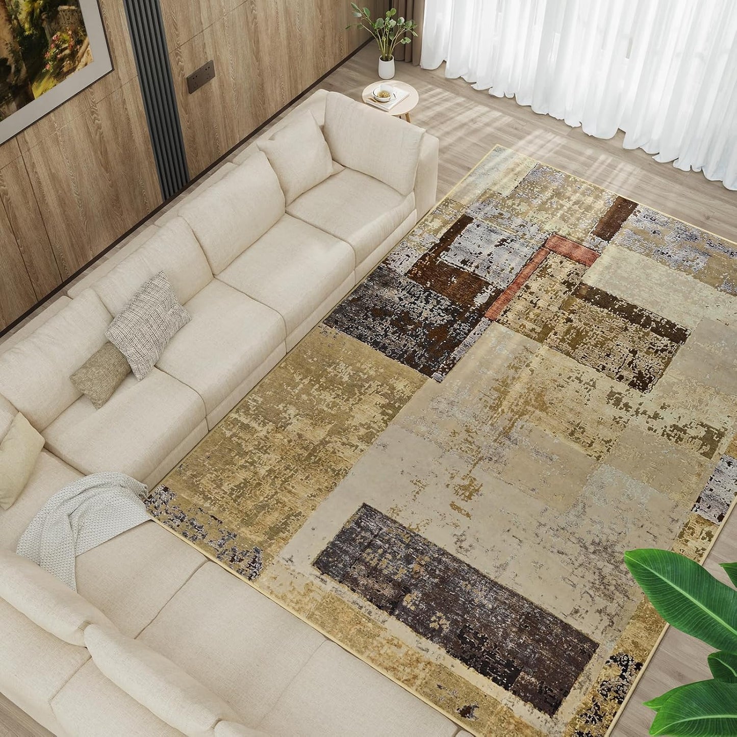 LOCHAS Rug for Living Room, Washable Soft Area Rugs for Bedroom 8x10, Abstract Carpet for Indoor Office Kids Dining Room Nursery Floor, Khaki Geometric Vintage Home Decor, Non Slip, Pet Child Friendly