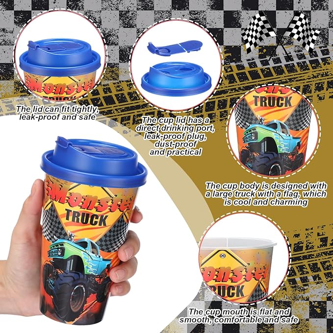 Yungyan 36 Sets Monster Truck Party Favors Goodie Cups with Lids and Straws for Birthday Decorations Reusable 16oz Plastic Candy Cups Plastic Straws for Birthday Party (Truck)