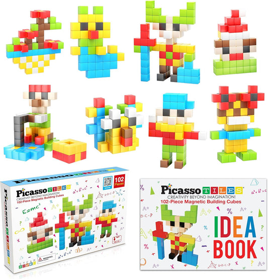 PicassoTiles 102pcs Pixel Magnetic Puzzle Cube 1” Pixel Mix & Match Toys with Ideabook STEM Education Learning Building Block Magnets Construction ToySet Stacking Creative Kit for Kids Age 3+ PMC102
