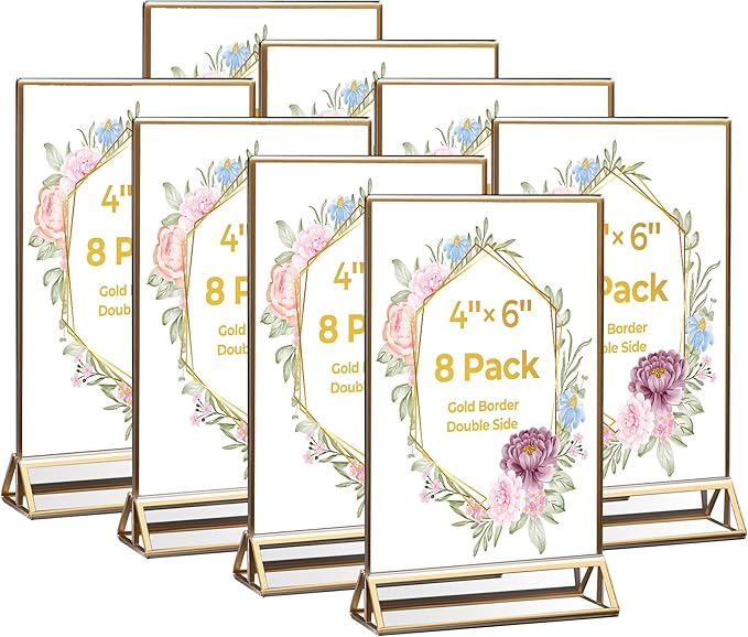 8 Pack Acrylic Sign Holder 4x6 Gold Frames, Wedding Table Number Holders Double Sided Vertical Clear Display Stand, Picture Holders for Tables, Menus, Flyers, Party and Office Decor