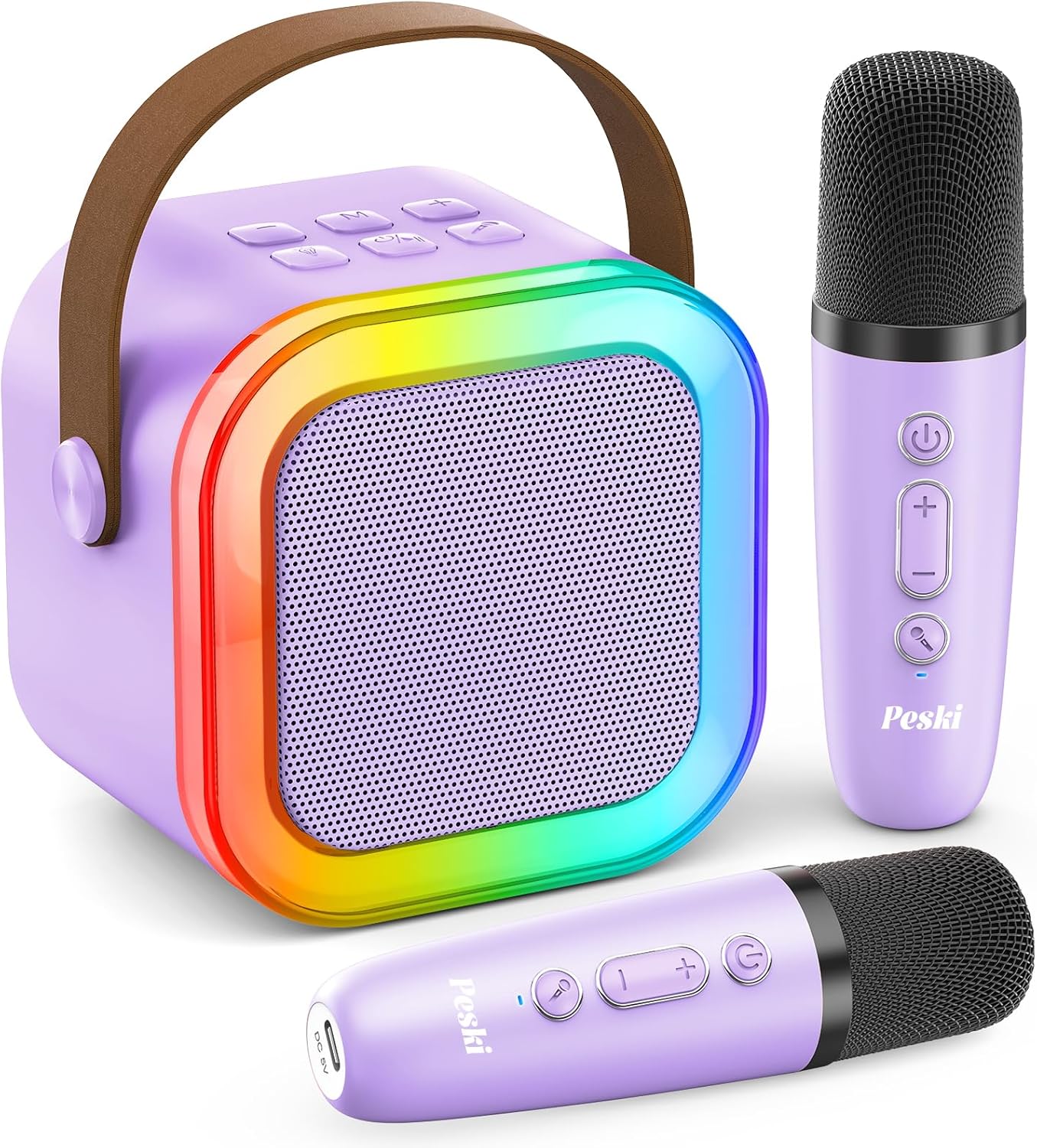 Peski Karaoke Machine for Kids Adults, Portable Bluetooth Mini Karaoke Microphone Singing Speaker with 2 Wireless Mic and Light,Toys for All Smartphones,Birthday, Family,Home Party (Purple)