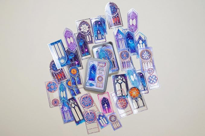 34 Pcs Fantasy Windows Sticker Set with Collectible Tin Box – Vintage Inspired Scrapbooking Stickers for Journals, Planners, Cards, DIY Crafts, Collage, Decorative Stationery & Creative Projects