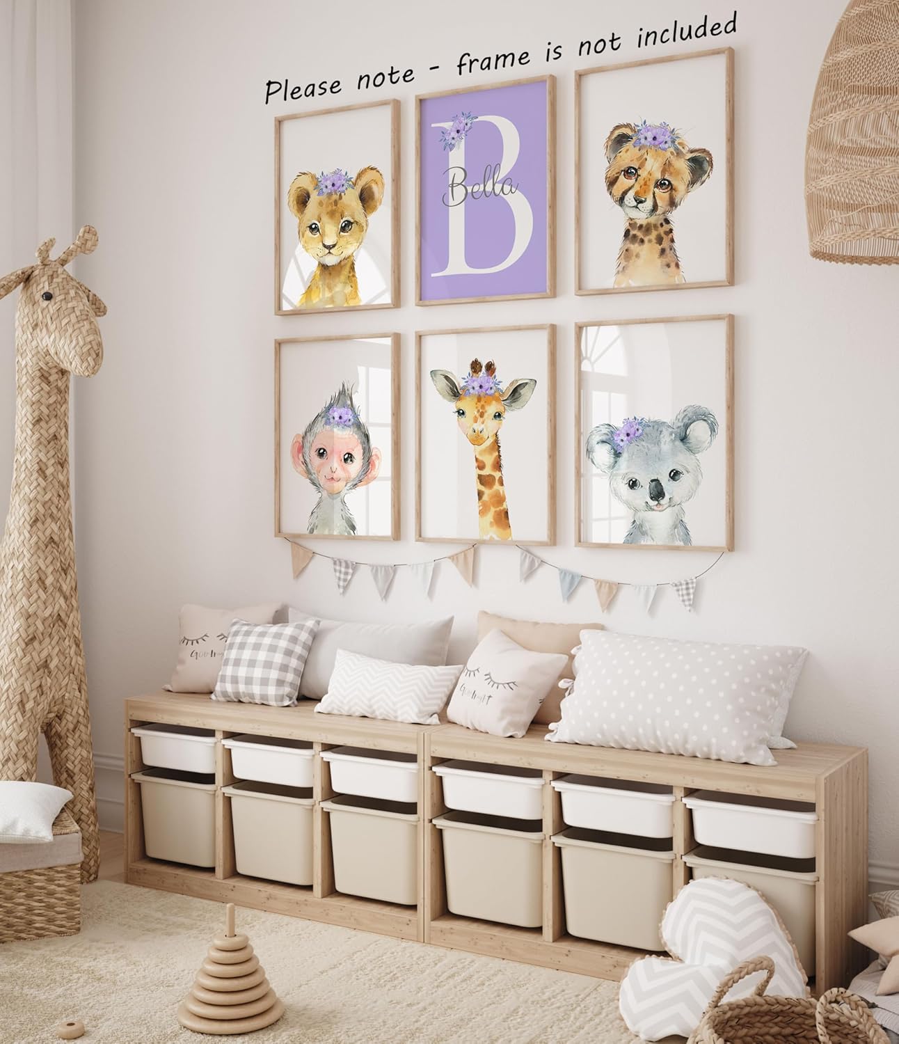 Personalized Safari Animals for Baby Girls Nursery, Set of 6 Unframed Poster Prints, Personalized Name Pink Lilac Floral, Girls Bedroom Decor, Elephant Giraffe (9x12)