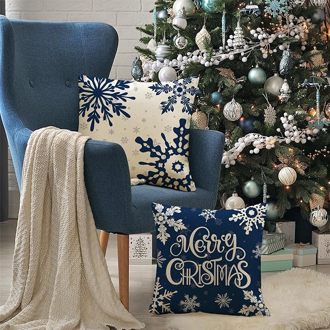 Christmas Pillow Covers 18x18 Blue Christmas Decorations Snowflake Reindeer Throw Pillow Covers Xmas Tree Winter Holiday Decor Cushion Case for Sofa Couch Set of 4