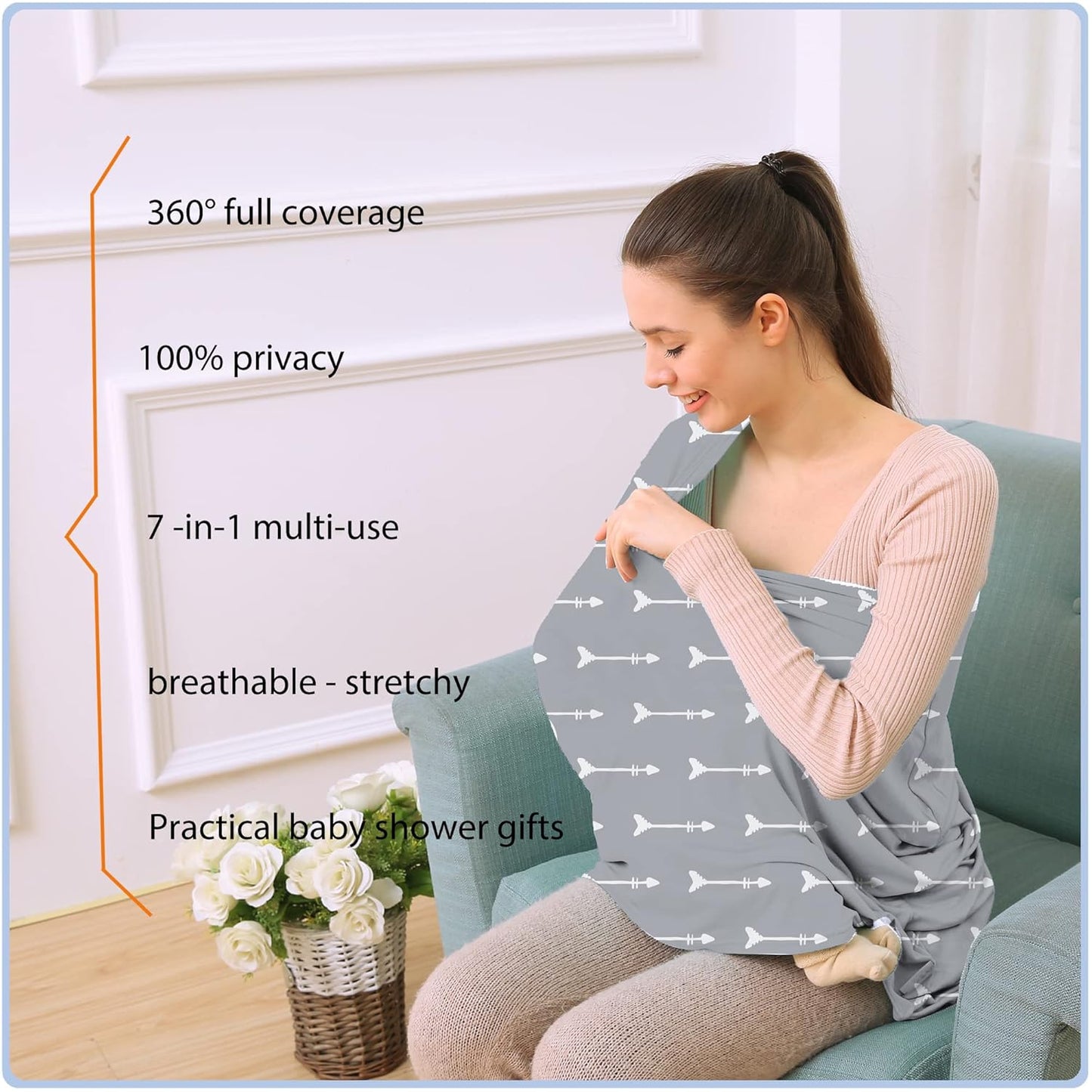 Nursing Carseat Canopy Breastfeeding Cover - Multi-use Stretchy Car Seat Covers for Babies, Baby Shower Gifts (Grey Arrows)