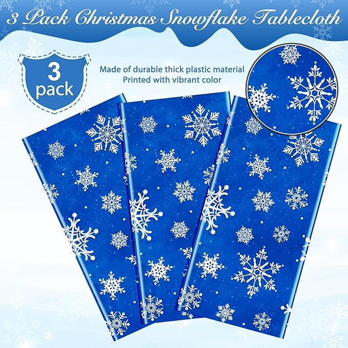Jectivs 3 Pieces Christmas Snowflake Plastic Party Tablecloth Decorations,White Snowflake Blue Xmas Backdrop Sign Table Cover Banner for Winter Christmas Holiday Party Supplies,54x108 inch (Blue)