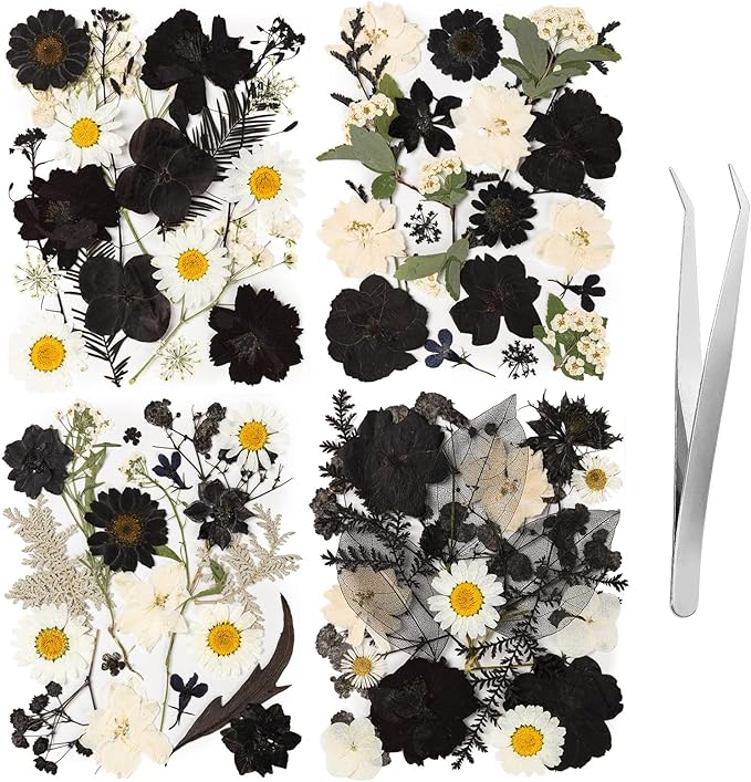 78 Pcs Black and White Dried Pressed Flowers with Tweezer, Halloween Themed Real Dried Flowers Leaves for DIY Crafts Resin Molds, Dried Flowers for Autumn Halloween Decorations