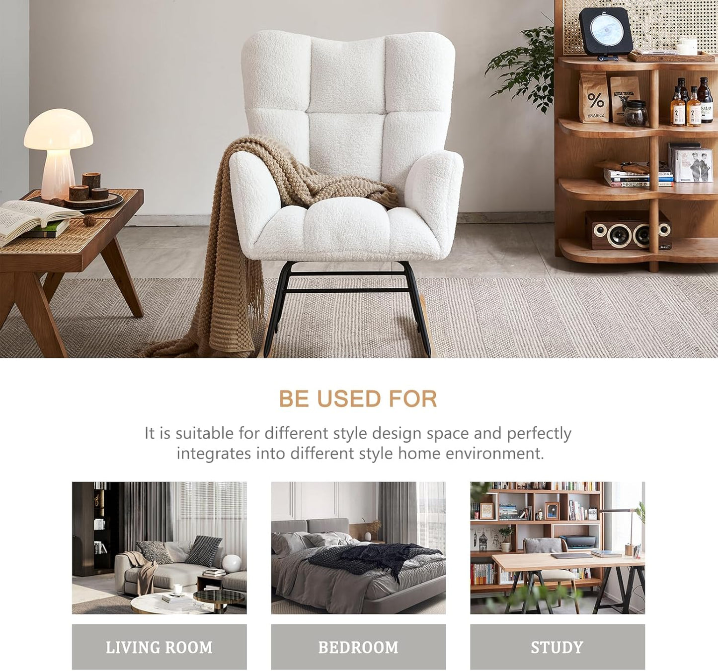 Kiztir Rocking Chair Nursery, High Backrest Teddy Glider Rocker Upholstered Rocker Recliner Modern Rocking Accent Chairs for Bedroom, Living Room, Offices (Ivory)