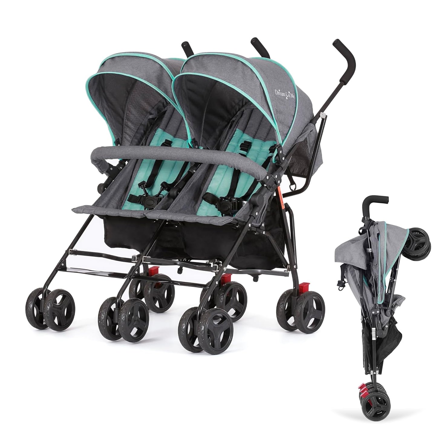 Dream On Me Volgo Twin Umbrella Stroller in Mint, Lightweight Double Stroller for Infant & Toddler, Compact Easy Fold, Large Storage Basket, Large and Adjustable Canopy