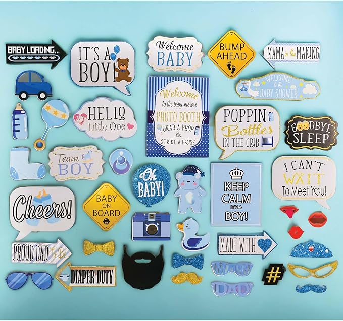 Boy Baby Shower Photo Booth Props - 41-pc Photo Booth Kit with 8 x 10-Inch Sign, 60 Glue Dots, 45 Sticks - Picture Props for Baby Shower