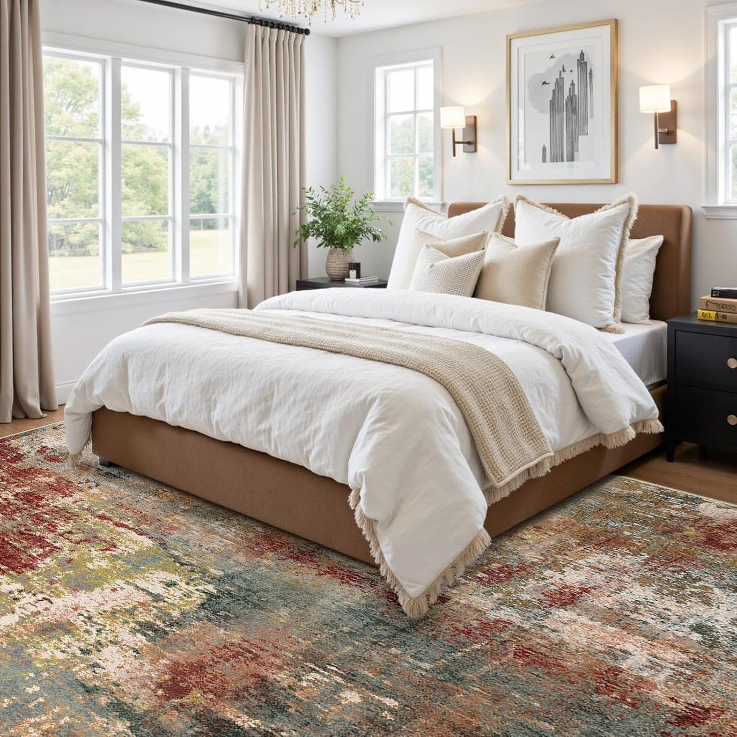 Washable Area Rugs 6'x9' Non-Slip Modern Abstract Soft for Living Room Entryway Bedroom Nursery, Print Pattern, Brown Rust Red Multi